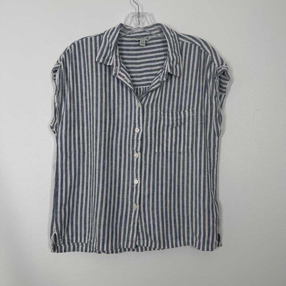 Orvis Womens S Boxy Blue White Stripe Short Sleeve Linen Blend Button Down